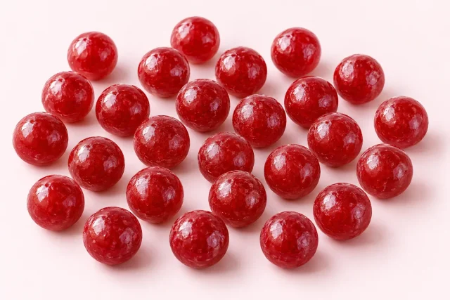 Aniseed Balls. Small hard round sweets, a deep brick red, matt and very slightly rough from the pan coating, perfectly round.