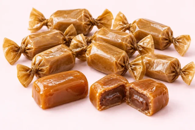 Chocolate Toffee Eclairs. Individually wrapped toffee sweets in plain golden brown twist wrappers with no printing, with three unwrapped in the front: glossy golden brown toffee.