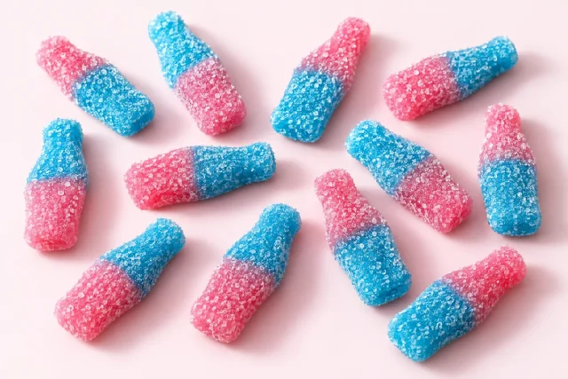 Fizzy Blue Raspberry Bottles. Bottle shaped gummies, two tone bright blue and pink, coated in coarse sparkling sour sugar crystals.
