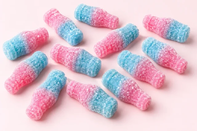 Fizzy Bubblegum Bottles. Bottle shaped gummies, two tone bubblegum pink and pale blue, coated in sparkling sour sugar crystals, soft pastel colours under the frosted sugar.