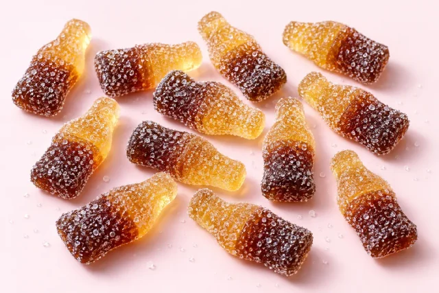 Fizzy Cola Bottles. Cola bottle gummies, two tone dark cola brown and golden amber, completely coated in coarse, sparkling sour sugar crystals that give a frosted, glittering look.