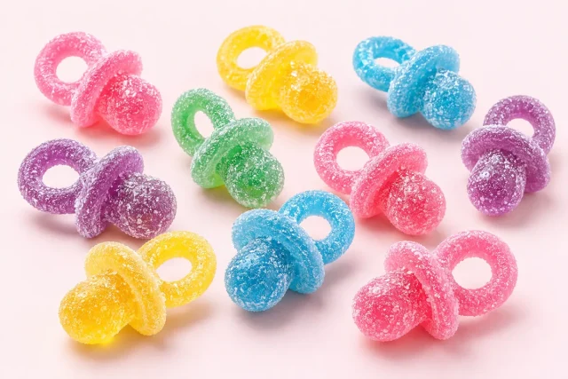 Fizzy Dummies. Jelly dummy sweets shaped like a baby soother with a ring handle and a round teat, in pastel pink, yellow, blue, green and purple, coated in a fine fizzy sugar.