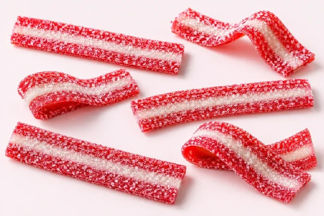 Fizzy Strawberry Belts. Six flat chewy belts and, red with a white stripe on one face, some lying flat and some loosely folded over, all coated in sparkling sour sugar crystals.