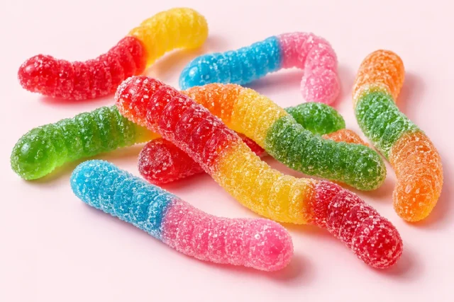 Fizzy Worms. Gummy worms, twisting and overlapping, each worm two coloured in pairs such as red and yellow, green and orange, and blue and pink.