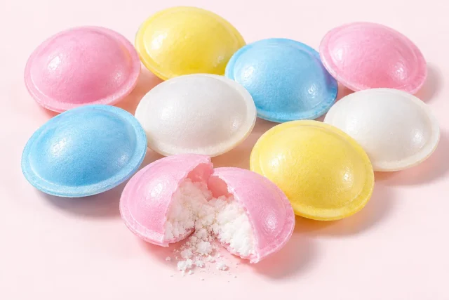 Flying Saucers. Flying saucer sweets, made of two thin domed wafer halves sealed at a flat rim, in pastel pink, yellow, blue and white, with a matt, papery wafer texture.