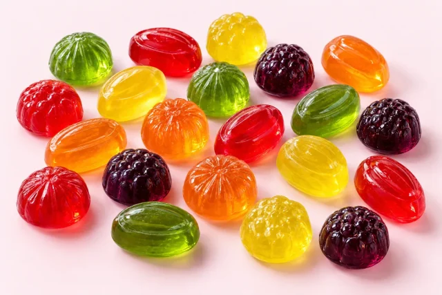 Fruit Gums. Small firm fruit gums, in rounded gem and lozenge shapes with bevelled edges and a softly moulded top.