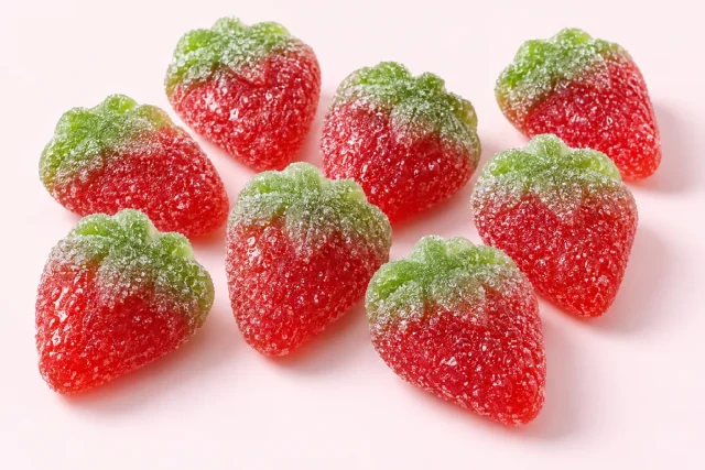 Giant Strawberries. Large strawberry shaped jelly sweets, red bodies with a moulded green leafy top, the whole sweet coated in fine sparkling sugar crystals.