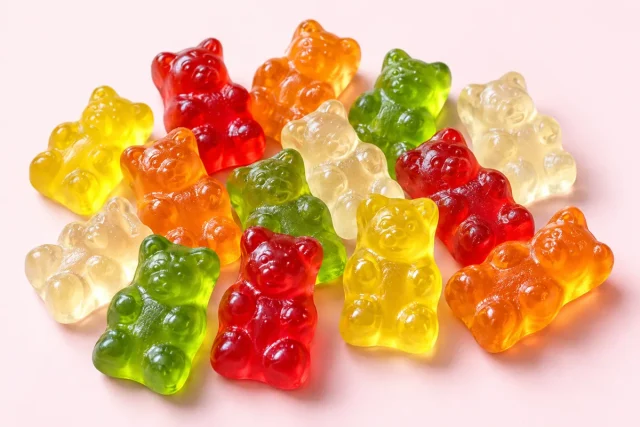 Golden Bears. A loose pile of about fifteen translucent gummy bears, in five colours: strawberry red, orange, lemon yellow, apple green and a pale clear cream for pineapple.