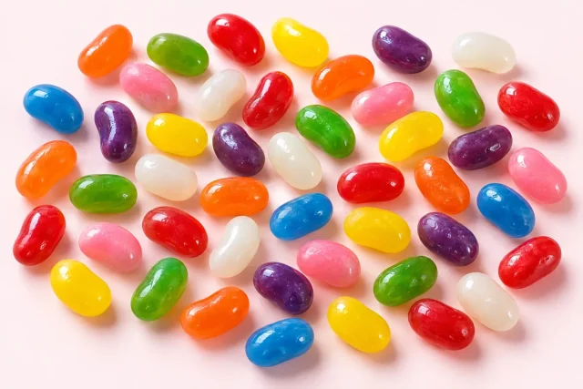 Gourmet Jelly Beans. A generous scatter of about forty small jelly beans, bean shaped with a slight kidney curve, in red, orange, yellow, green, pink, purple, white and blue.