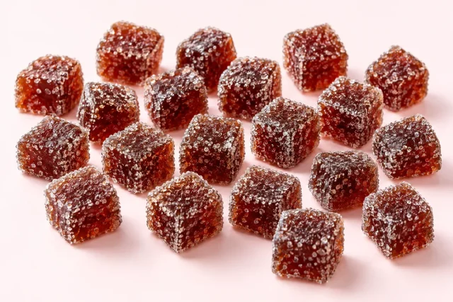 Kola Cubes. Small hard boiled cubes, a deep cola red with a dark brown tint, coated in coarse sparkling granulated sugar crystals.