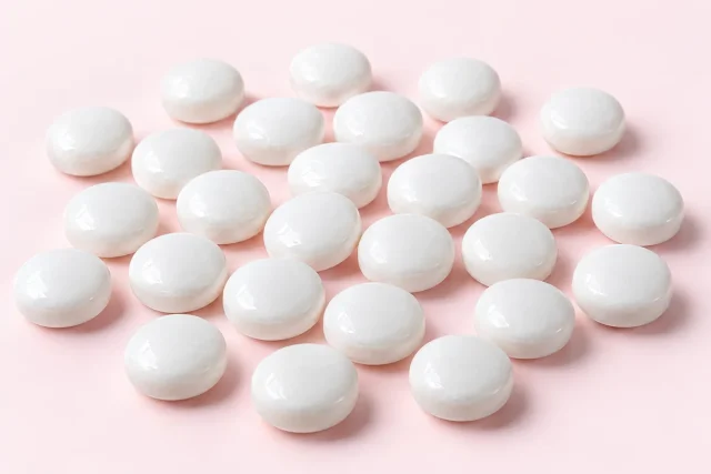 Mint Imperials. Round, slightly flattened white mints, smooth, hard and chalky matt white.