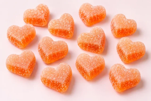 Peach Hearts. Heart shaped jelly sweets, two tone with a pale peach upper layer and a deeper orange lower layer, coated in fine sugar crystals.