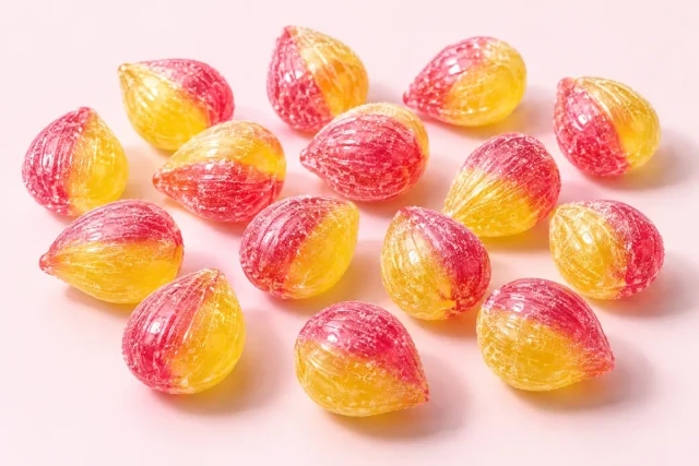 Pear Drops. Hard boiled pear drops, the traditional rounded drop shape with a slight point, half pink and half yellow, glassy and translucent, lightly dusted with fine sugar.