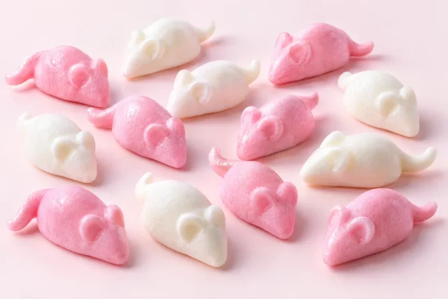 Pink and White Mice. Small foam mice, in soft pink and white, with a pointed nose, little rounded ears and a short tail, matt, soft and slightly powdery.