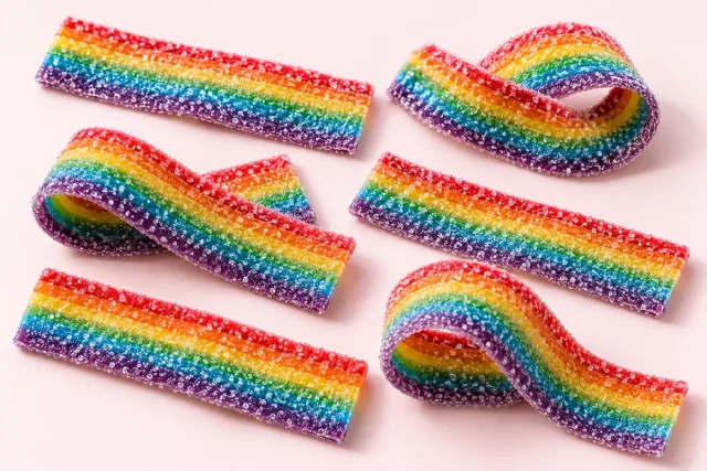 Rainbow Sour Belts. Six flat chewy belts and, striped lengthways in red, orange, yellow, green, blue and purple, some lying flat and some folded into loose loops, coated in sparkling sour sugar crystals.
