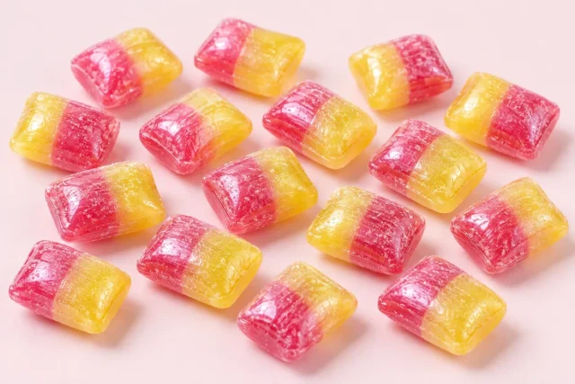 Rhubarb and Custard. Hard boiled sweets, pillow shaped, two tone with a rhubarb pink half and a custard yellow half, glassy and lightly dusted with fine sugar.