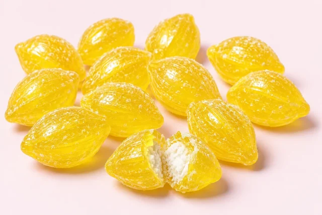 Sherbet Lemons. Hard boiled lemon sweets, oval and lemon shaped, bright yellow, glassy and lightly sugar dusted.