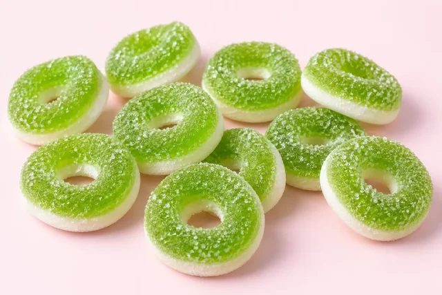 Sour Apple Rings. Ring shaped gummies with a hole in the middle, with a bright apple green top layer on a white base layer, coated in sparkling sour sugar crystals.