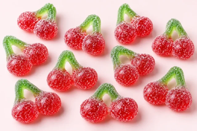 Sour Cherries. Pairs of red cherry shaped gummies, joined in pairs by a green jelly stalk, dusted all over with fine white sour sugar.
