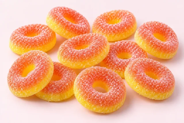 Sour Peach Rings. Ring shaped gummies with a hole in the middle, with a soft peach orange top layer on a yellow base layer, coated in sparkling sour sugar crystals.
