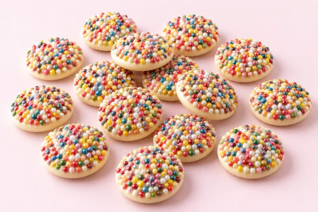 Sprinkle Buttons. White chocolate buttons, flat discs covered on top with tiny round coloured sprinkles in red, yellow, blue, green and pink, creamy ivory chocolate showing around the edges.