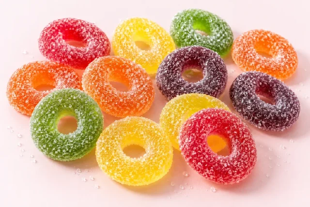 Sugared Jelly Rings. Flat jelly rings with a round hole in the middle, in red, orange, yellow, green and purple, thickly coated in sparkling white granulated sugar.