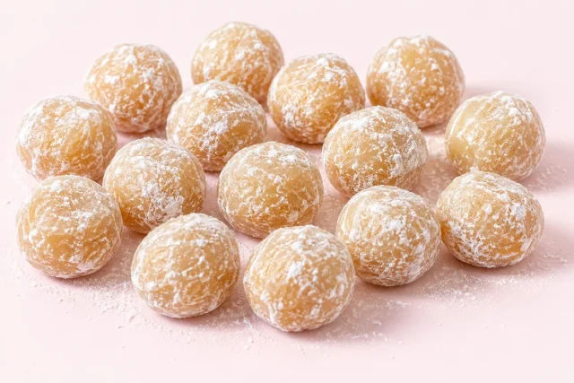 Toffee Bonbons. Chewy round bonbons, a pale caramel cream colour, rolled in fine white powdered sugar that dusts their surface and the background around them.