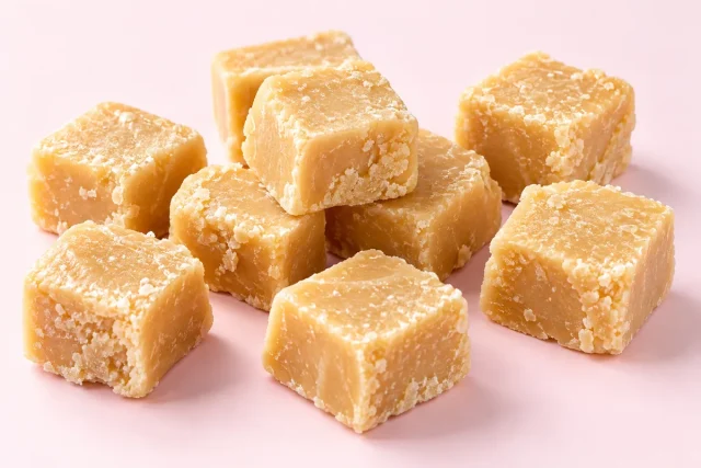 Vanilla Fudge Cubes. Cubes of soft vanilla fudge, a pale golden cream colour with slightly rough, crumbly edges and a fine sugary grain visible on the cut faces.