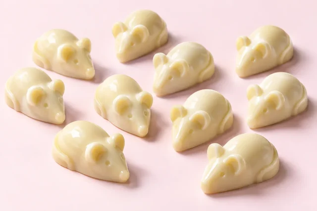 White Chocolate Mice. Small white chocolate mice, creamy ivory white with a smooth moulded body, a pointed nose and little rounded ears, with a soft sheen.